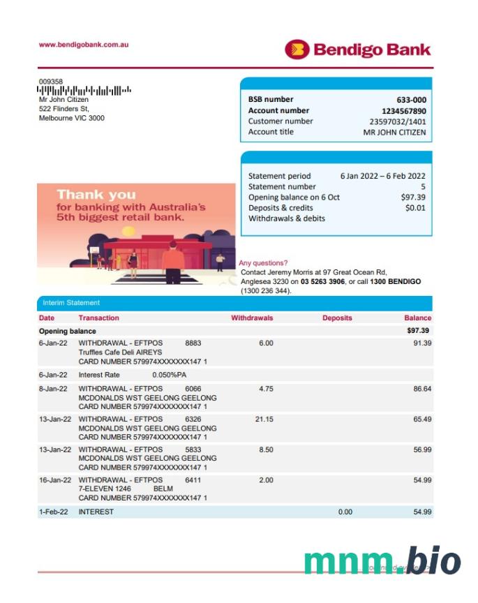 Australia Bendigo i Adelaide Bank szablon wyciągu bankowego w programie Word i PDF